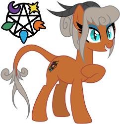Size: 2000x2068 | Tagged: safe, artist:magnusmagnum, oc, oc only, demon, demon pony, original species, bun, cutie mark, demon horns, devil tail, eyeshadow, fangs, female, high res, horn, horns, looking at something, makeup, mare, pentagram, raised hoof, show accurate, simple background, slit pupils, smiling, solo, transparent background