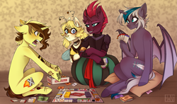 Size: 2969x1745 | Tagged: safe, artist:elen_sparks, tempest shadow, oc, oc:busy buzz (ice1517), oc:elizabat stormfeather, oc:trail blazer (ice1517), alicorn, bat pony, bat pony alicorn, bee pony, original species, pony, unicorn, g4, alicorn oc, angry, annoyed, armor, bat pony oc, bat wings, beanbag chair, bisexual, blushing, board game, bodysuit, broken horn, canon x oc, card, clothes, collar, commission, deely bobbers, ear piercing, earring, elizablazer, elizablazershadow, eye scar, female, grin, hairband, hoof hold, hoof shoes, horn, jewelry, lesbian, male, mare, mask, money, monopoly, multicolored hair, nose piercing, nose ring, oc x oc, open mouth, piercing, pillow, polyamory, raised hoof, scar, shipping, shirt, sitting, smiling, smug, stallion, stormshadow, straight, t-shirt, tattoo, wall of tags, wings, ych result