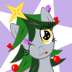 Size: 10000x10000 | Tagged: safe, artist:mraagh, oc, oc only, oc:sorunome, pegasus, pony, .svg available, abstract background, absurd resolution, bow, bust, christmas, christmas tree, colored, cute, eye clipping through hair, female, flat colors, gray coat, green mane, hair, hair bow, hair decorations, head, holiday, jewelry, looking at you, mane, mare, multicolored hair, multicolored mane, not derpy, one eye closed, portrait, silly, smiling at you, solo, starry eyes, tongue out, tree, vector, wingding eyes, wink, winking at you, yellow eyes