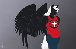 Size: 1024x666 | Tagged: safe, artist:milkydreams, oc, oc only, alicorn, anthro, alicorn oc, clothes, commission, digital art, eye scar, hand in pocket, horn, male, pants, scar, shirt, simple background, solo, spread wings, t-shirt, tail, wings
