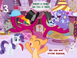 Size: 1280x960 | Tagged: safe, artist:bronybyexception, rarity, scootaloo, sweetie belle, deer, pony, reindeer, unicorn, g4, 3, advent calendar, antlers, bowler hat, cap, carousel boutique, christmas, clothes, confused, cowboy hat, crown, deerstalker, happy, hard hat, hat, holiday, jewelry, looking at you, regalia, santa hat, scootadeer, top hat, trixie's hat, umbrella hat