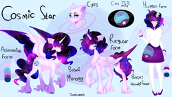 Size: 3200x1800 | Tagged: safe, artist:jamlotte1, oc, oc only, oc:cosmic star, alicorn, pony, equestria girls, g4, base used, base:hanabifawn, base:monogy, concave belly, ethereal mane, folded wings, galaxy mane, galaxy wings, large wings, reference sheet, slender, solo, spread wings, starry wings, thin, wings