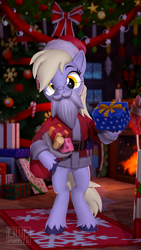 Size: 1080x1920 | Tagged: safe, artist:owlpirate, derpy hooves, pegasus, pony, g4, 3d, bipedal, christmas, christmas decoration, christmas ornament, christmas stocking, christmas tree, clothes, costume, decoration, fake beard, female, fireplace, glasses, holiday, mare, present, santa claus, santa costume, solo, source filmmaker, tinsel, tree, unshorn fetlocks