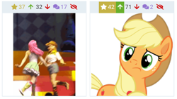 Size: 467x263 | Tagged: safe, artist:frownfactory, applejack, fluttershy, earth pony, human, pony, derpibooru, equestria girls, g4, leap of faith, my little pony & equestria girls el show en vivo, applejack's hat, clothes, cosplay, costume, cowboy hat, dancing, female, freckles, hat, irl, irl human, juxtaposition, mare, meta, panties, photo, simple background, skirt, upskirt, vector