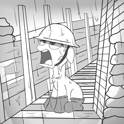 Size: 2500x2500 | Tagged: safe, artist:pizzamovies, oc, oc only, earth pony, pony, boots, clothes, female, helmet, high res, mare, open mouth, rain, sandbag, shoes, solo, trench warfare, upset, world war i