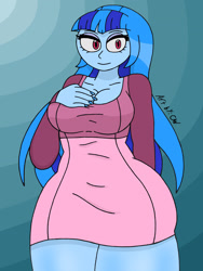 Size: 1932x2576 | Tagged: safe, artist:c_w, sonata dusk, equestria girls, g4, big breasts, breasts, busty sonata dusk, cleavage, clothes, dress, eyelashes, eyeshadow, hand behind back, hand on breasts, hand on chest, looking at you, makeup, nail polish, plump, smiling, smiling at you, thighs