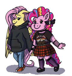Size: 1912x2000 | Tagged: safe, artist:yonipony, fluttershy, pinkie pie, earth pony, pegasus, anthro, plantigrade anthro, g4, bow, choker, chubby, clothes, converse, cross, eyeshadow, female, fishnets, goth, gothic pinkie, hair bow, heavy metal, holding hands, hoodie, jeans, jewelry, lesbian, makeup, mary janes, master of puppets, metallica, necklace, pants, plaid skirt, ship:flutterpie, shipping, shirt, shoes, simple background, skirt, sneakers, stockings, t-shirt, thigh highs, thrash metal, transparent background