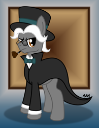 Size: 1232x1580 | Tagged: safe, artist:banquo0, oc, oc only, oc:hum buck, earth pony, pony, bowtie, clothes, glasses, hat, male, pipe, solo, stallion, top hat