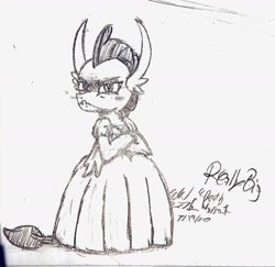 Size: 1744x1696 | Tagged: safe, artist:johnerose126, smolder, dragon, g4, clothes, dragoness, dress, female, monochrome, puffy sleeves, smolder also dresses in style, solo, traditional art