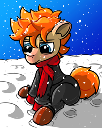 Size: 1080x1350 | Tagged: artist needed, safe, oc, oc only, pony, pony town, blushing, clothes, colored, digital art, male, red hair, sitting, snow, snowfall, solo