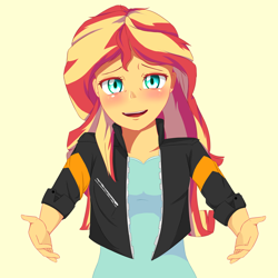 Size: 2000x2000 | Tagged: safe, artist:nihithebrony, sunset shimmer, equestria girls, g4, blushing, clothes, cute, hand, happy, high res, hug, hug request, jacket, kill la kill, meme, my little pogchamp, pogchamp, reference, shimmerbetes, smiling, smiling at you, solo, voice actor joke