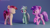 Size: 5760x3240 | Tagged: safe, artist:therealdjthed, amethyst star, lyra heartstrings, roseluck, sparkler, earth pony, pony, unicorn, g4, 3d, blender, eyes closed, female, horn, mare, open mouth, palette swap, raised hoof, recolor, render, shocked, trio, trio female