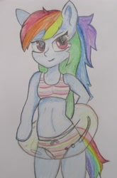 Size: 2545x3855 | Tagged: safe, artist:star lily, rainbow dash, anthro, semi-anthro, g4, arm hooves, clothes, diaper, diaper fetish, fetish, high res, inner tube, non-baby in diaper, solo, swimsuit, traditional art