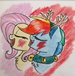 Size: 2097x2124 | Tagged: safe, artist:c.a.m.e.l.l.i.a, fluttershy, rainbow dash, pony, g4, antlers, bell, bell collar, blushing, collar, cute, hearth's warming eve, high res, singing, traditional art