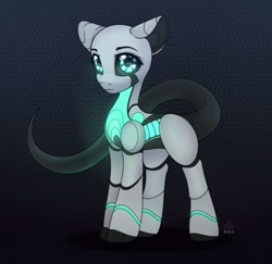 Size: 1648x1600 | Tagged: safe, artist:radioaxi, oc, oc only, pony, robot, robot pony, abstract background, augmented tail, glowing, looking at you, solo, standing
