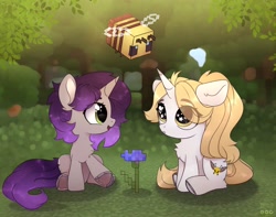 Size: 2480x1950 | Tagged: safe, artist:radioaxi, oc, oc only, oc:moonsonat, bee, insect, pony, unicorn, chibi, crossover, duo, eye clipping through hair, female, flower, forest, horseshoes, minecraft, minecraft bee, open mouth, sitting, smiling, underhoof