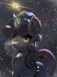 Size: 2390x3214 | Tagged: safe, artist:skitsroom, sweetie belle, pony, unicorn, g4, belt, cheek fluff, clothes, coat, ear fluff, eye clipping through hair, female, hat, high res, lens flare, looking at you, snow, snowfall, solo, winter, winter outfit
