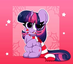 Size: 4096x3584 | Tagged: safe, artist:kittyrosie, twilight sparkle, alicorn, pony, g4, abstract background, blushing, candy, candy cane, christmas, clothes, cute, ear fluff, female, food, high res, holiday, kittyrosie is trying to murder us, looking at you, mare, scarf, sitting, smiling, solo, twiabetes, twilight sparkle (alicorn)