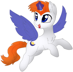 Size: 2557x2511 | Tagged: safe, artist:fierymoonlight, oc, oc only, oc:fiery moonlight, pony, unicorn, 2021 community collab, derpibooru community collaboration, artificial wings, augmented, flying, glowing, glowing horn, high res, horn, magic, magic aura, magic wings, male, open mouth, open smile, simple background, smiling, solo, spread wings, stallion, transparent background, unicorn oc, wings