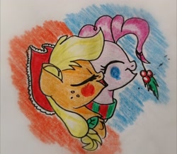 Size: 2544x2214 | Tagged: safe, artist:c.a.m.e.l.l.i.a, applejack, pinkie pie, g4, bust, clothes, cute, duo, hearth's warming eve, high res, portrait, scarf, singing, traditional art