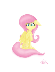 Size: 2900x3800 | Tagged: safe, artist:toxinagraphica, fluttershy, pegasus, pony, g4, :<, cheek fluff, female, floppy ears, fluffy, high res, lineless, mare, raised hoof, scared, simple background, sitting, solo, white background, wings