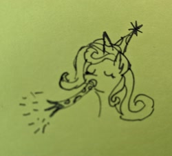 Size: 2261x2047 | Tagged: safe, artist:bryastar, oc, oc only, oc:untitled work, pony, unicorn, eyes closed, hat, high res, noisemaker, party hat, sketch, traditional art
