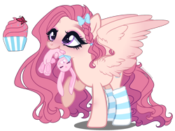 Size: 2000x1500 | Tagged: safe, artist:gihhbloonde, oc, oc only, pegasus, pony, base used, clothes, female, magical lesbian spawn, mare, mouth hold, offspring, parent:fluttershy, parent:sugar belle, plushie, simple background, socks, solo, striped socks, transparent background