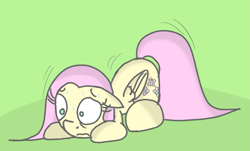 Size: 1133x685 | Tagged: safe, artist:mr-degration, fluttershy, pegasus, pony, g4, cowering, female, scared, shaking, solo, sweat