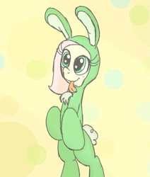 Size: 869x1024 | Tagged: safe, artist:mr-degration, fluttershy, pegasus, pony, g4, :p, abstract background, animal costume, bipedal, bunny costume, clothes, costume, cute, female, shyabetes, solo, tongue out
