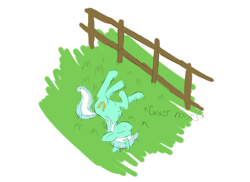 Size: 2200x1600 | Tagged: safe, artist:sufficient, lyra heartstrings, pony, unicorn, g4, cute, descriptive noise, fence, grass, happy, horses doing horse things, lying down, rolling, simple background, solo, white background