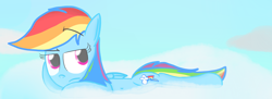 Size: 2048x744 | Tagged: safe, artist:mr-degration, rainbow dash, pegasus, pony, g4, belly button, cloud, female, solo