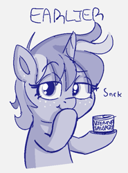 Size: 503x679 | Tagged: safe, artist:heretichesh, oc, oc only, oc:susie supreme, pony, unicorn, can, female, filly, freckles, monochrome, sketch, smug, solo, text, vienna sausages