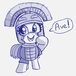 Size: 625x629 | Tagged: safe, artist:heretichesh, oc, oc only, earth pony, pony, armor, centurion, dialogue, female, filly, galea, helmet, monochrome, roman, salute, sketch, soldier, solo, text
