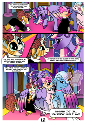 Size: 2100x3000 | Tagged: safe, artist:loryska, trixie, twilight sparkle, oc, oc:clarabelle, oc:conundrum solar flare, oc:plumeria, alicorn, earth pony, hybrid, pegasus, pony, unicorn, zony, comic:friendship grows, g4, adopted offspring, coat markings, colored hooves, colored wings, colored wingtips, female, high res, hug, leonine tail, lesbian, magic, offspring, parent:quibble pants, parent:rainbow dash, parent:sweetie belle, parents:quibbledash, ship:twixie, shipping, simple background, transparent background, twilight sparkle (alicorn), winghug, wings