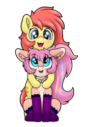 Size: 4000x6000 | Tagged: safe, artist:yelowcrom, oc, oc only, oc:bijou butterfly, oc:brushie, earth pony, pony, 2021 community collab, derpibooru community collaboration, :3, blushing, clothes, cute, duo, ear piercing, female, looking at each other, mare, owo, pale belly, piercing, simple background, sitting, socks, transparent background