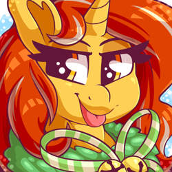 Size: 2000x2000 | Tagged: safe, artist:graphene, oc, oc only, oc:cinderheart, pony, unicorn, :p, bells, bow, bust, cute, eyelashes, female, high res, holiday, looking at you, mare, portrait, profile picture, snow, solo, tongue out, wreath