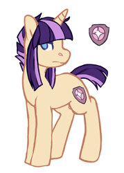 Size: 1024x1429 | Tagged: safe, artist:pomrawr, oc, oc only, unnamed oc, pony, unicorn, cutie mark, female, mare, no pupils, offspring, parent:flash sentry, parent:twilight sparkle, parents:flashlight, simple background, solo, white background