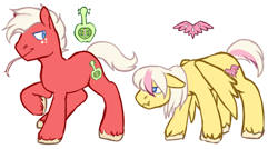 Size: 1280x687 | Tagged: safe, artist:pomrawr, oc, oc only, oc:angel speed, oc:sooth's song, earth pony, pegasus, pony, brothers, duo, floppy ears, freckles, male, no pupils, offspring, parent:big macintosh, parent:fluttershy, parents:fluttermac, raised hoof, siblings, simple background, straw in mouth, unshorn fetlocks, wavy mouth, white background