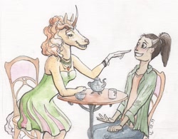 Size: 1281x1000 | Tagged: safe, artist:lady-limule, oc, oc only, human, unicorn, anthro, clothes, cup, duo, female, horn, sitting, skirt, teacup, teapot, traditional art, unicorn oc