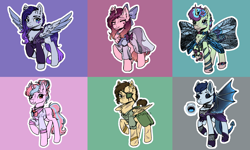 Size: 2500x1500 | Tagged: safe, artist:caveburrito, oc, oc only, bat pony, pegasus, pony, unicorn, bat pony oc, bat wings, bow, butterfly wings, clothes, eye scar, eyepatch, eyes closed, fangs, hair bow, horn, open mouth, pegasus oc, raised hoof, scar, smiling, tail wrap, unicorn oc, wings