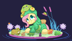 Size: 6000x3375 | Tagged: safe, alternate version, artist:pirill, fluttershy, budgett's frog, frog, pegasus, pony, g4, absurd resolution, animal, blue background, cattails, clothes, colored pupils, costume, cute, digital art, eyebrows, eyepatch, female, flower, grass, hair, hidden wings, hoodie, horn, kigurumi, lily (flower), lilypad, looking up, mane, mare, onesie, outfit, pastel, reeds, ripples, shyabetes, signature, simple background, sitting, smiling, solo, tail, three quarter view, vector, water