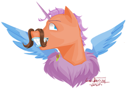 Size: 1873x1309 | Tagged: safe, artist:caveburrito, oc, oc only, alicorn, pony, alicorn oc, bust, facial hair, grin, horn, moustache, simple background, smiling, solo, spread wings, white background, wings