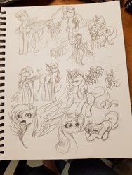 Size: 3024x4032 | Tagged: safe, artist:caveburrito, rainbow dash, rarity, oc, pegasus, pony, unicorn, g4, bow, bust, female, hair bow, irl, lineart, mare, open mouth, pegasus oc, photo, sitting, spread wings, traditional art, wings