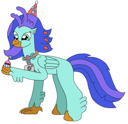 Size: 2470x2388 | Tagged: safe, artist:supahdonarudo, oc, oc only, oc:sea lilly, classical hippogriff, hippogriff, birthday, camera, candle, cupcake, food, happy, hat, high res, holding, jewelry, necklace, party hat, simple background, transparent background