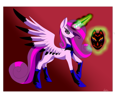 Size: 3200x2400 | Tagged: safe, artist:minelvi, oc, oc only, alicorn, pony, alicorn oc, eyelashes, female, glowing horn, high res, horn, magic, mare, mask, raised hoof, simple background, smiling, solo, telekinesis, transparent background, two toned wings, wings