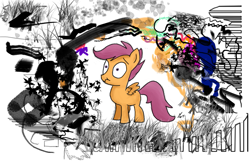 Size: 1039x678 | Tagged: safe, artist:lazymort, scootaloo, pegasus, pony, g4, abstract, abstract background, confused, female, filly, photoshop, scrunchy face