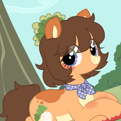 Size: 2200x2200 | Tagged: safe, artist:stablegrass, oc, oc only, oc:maisy, earth pony, pony, ascot, colored pinnae, eye clipping through hair, female, fetlock tuft, grass, high res, leaf, looking at you, mare, markings, pale belly, smiling, smiling at you, solo, tree, vector