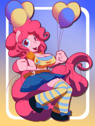 Size: 900x1200 | Tagged: safe, artist:kojiro-brushard, pinkie pie, earth pony, anthro, g4, balloon, belt, big breasts, breasts, busty pinkie pie, cleavage, clothes, cute, female, happy, skirt, socks, solo, striped socks