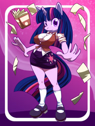 Size: 900x1200 | Tagged: safe, artist:kojiro-brushard, twilight sparkle, anthro, g4, belly button, book, breasts, busty twilight sparkle, clothes, female, mary janes, miniskirt, shoes, side slit, skirt, socks, solo, thighs, tube skirt