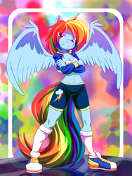 Size: 900x1200 | Tagged: safe, artist:kojiro-brushard, rainbow dash, anthro, plantigrade anthro, g4, belly button, breasts, cleavage, clothes, compression shorts, converse, female, looking at you, midriff, shoes, solo, top, winged shoes